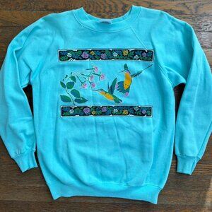 Vintage 90s Hanes Teal Blue Hummingbird Floral Border Sweatshirt L